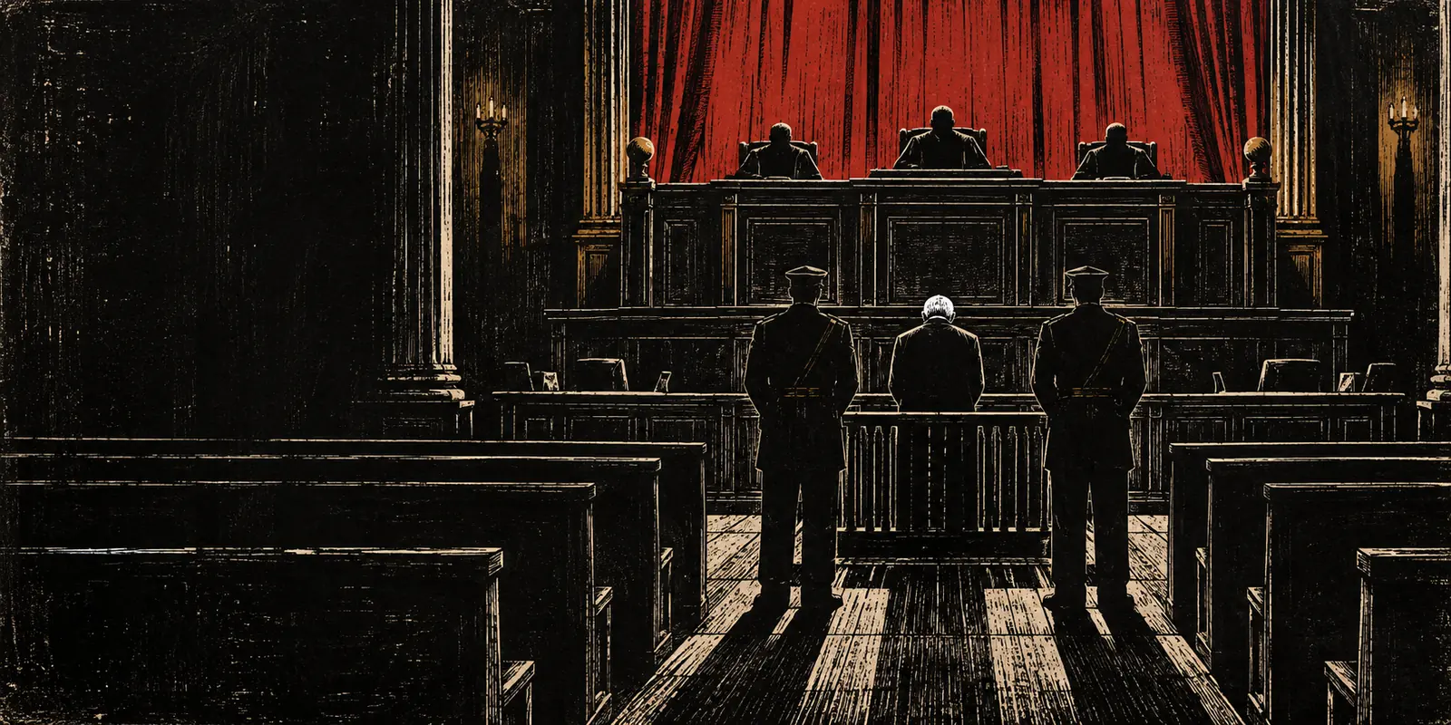 Woodcut of a white-haired man standing in a courtroom dock between two bailiffs, seen from behind