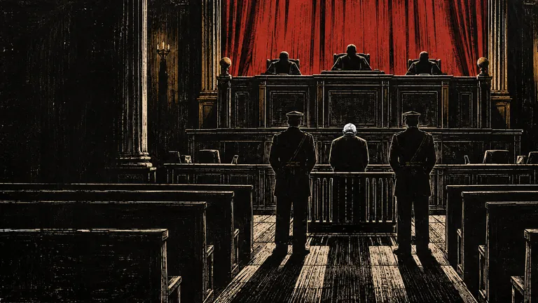 Woodcut of a white-haired man standing in a courtroom dock between two bailiffs, seen from behind