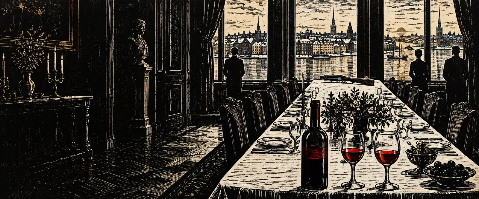 Woodcut of a banquet table with red wine at one end and a shotgun at the other