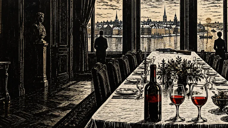 Woodcut of a banquet table with red wine at one end and a shotgun at the other
