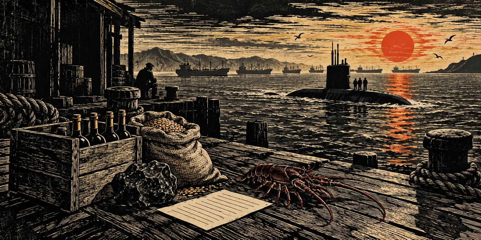 Woodcut of wine, barley, coal and a lobster on a dock, with a submarine surfacing in the bay