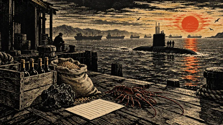 Woodcut of wine, barley, coal and a lobster on a dock, with a submarine surfacing in the bay