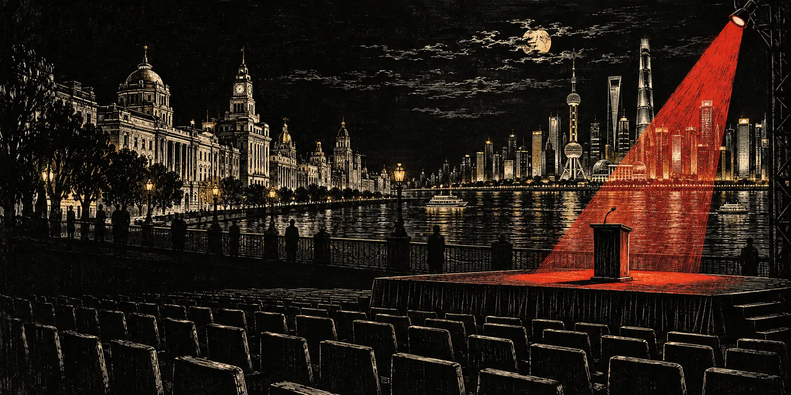 Woodcut of an empty lectern on a riverfront stage, old stone buildings on one bank and towers on the other