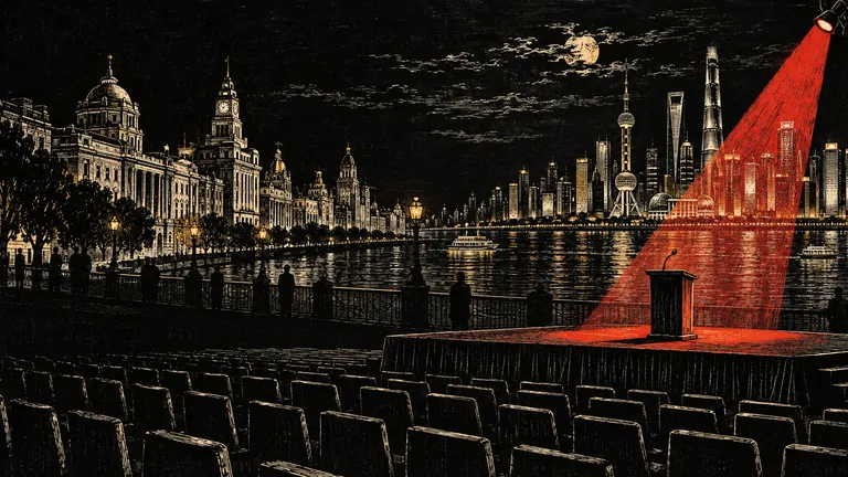 Woodcut of an empty lectern on a riverfront stage, old stone buildings on one bank and towers on the other