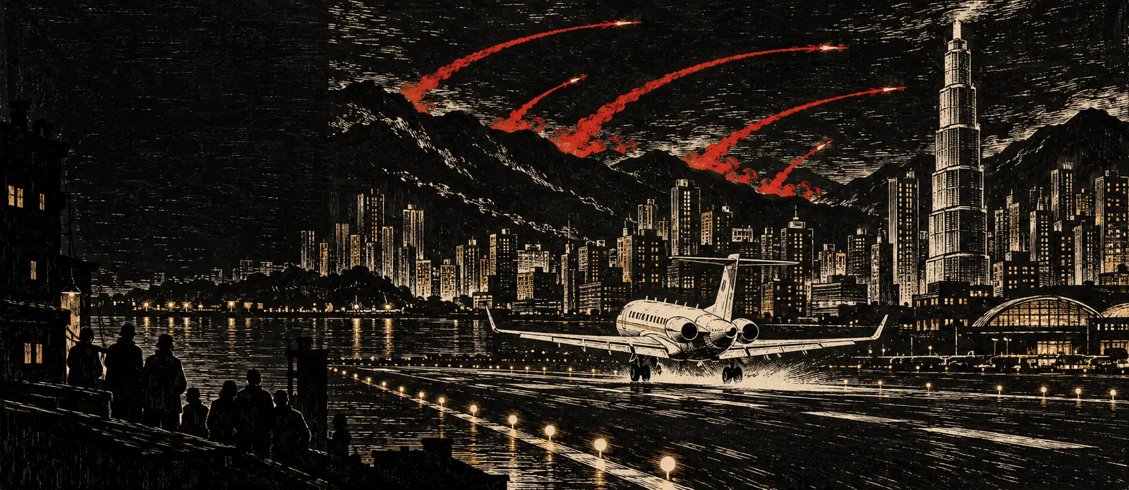 Woodcut of a jet landing at a city airport at night while missile trails arc over the mountains
