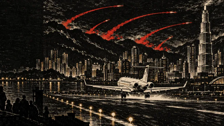 Woodcut of a jet landing at a city airport at night while missile trails arc over the mountains