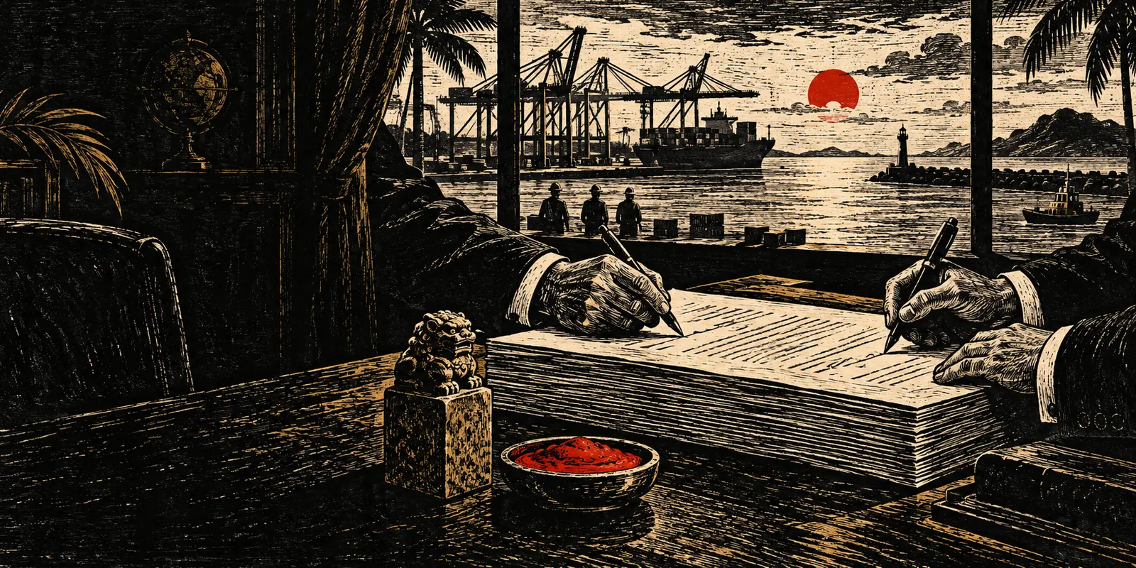 Woodcut of hands signing a thick contract beside a seal and red seal paste, port cranes in the window