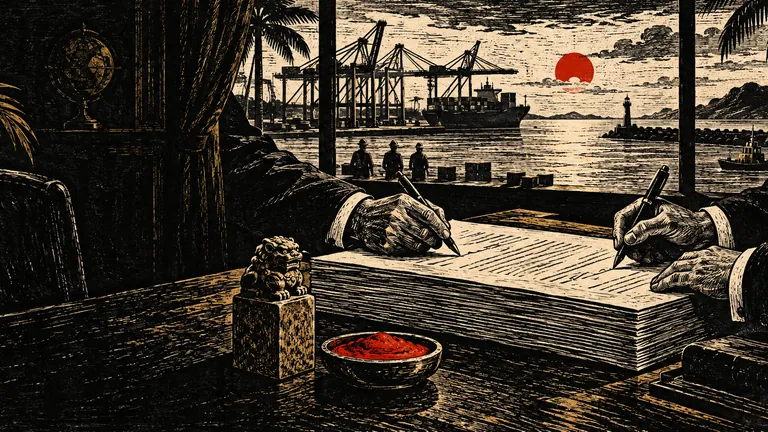 Woodcut of hands signing a thick contract beside a seal and red seal paste, port cranes in the window
