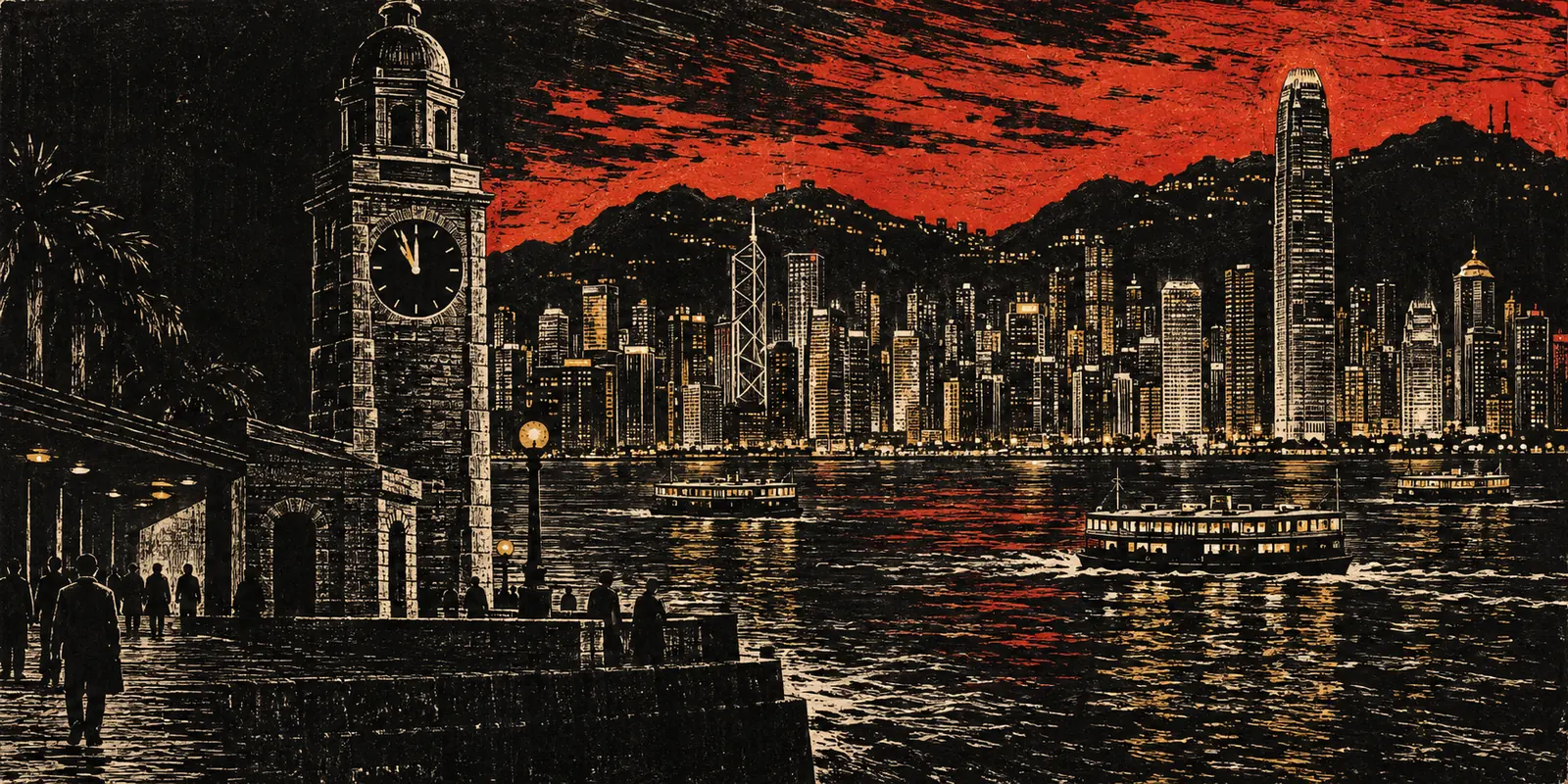 Woodcut of a clock tower at eleven o'clock in front of a harbour skyline under a red sky