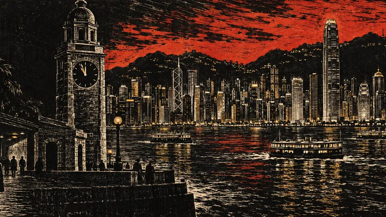 Woodcut of a clock tower at eleven o'clock in front of a harbour skyline under a red sky