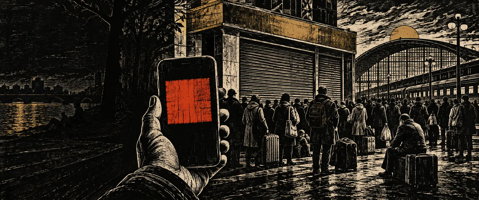 Woodcut of a hand holding a phone with a red code in front of a crowd outside a shuttered bank