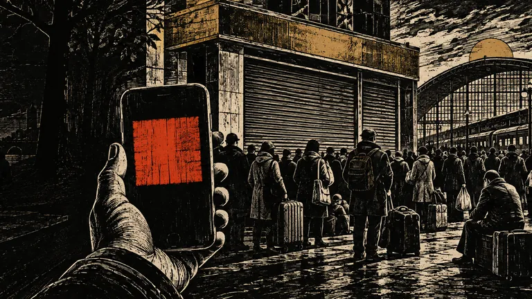 Woodcut of a hand holding a phone with a red code in front of a crowd outside a shuttered bank