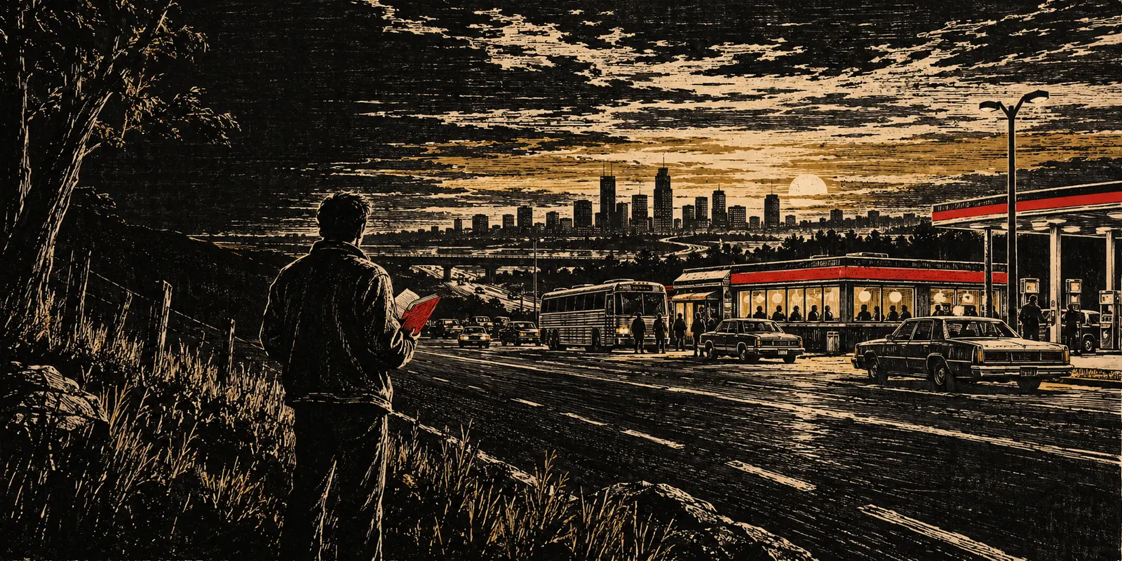 Woodcut of a man with a red notebook at an American roadside, looking at a diner, a bus and a skyline