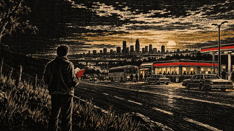 Woodcut of a man with a red notebook at an American roadside, looking at a diner, a bus and a skyline
