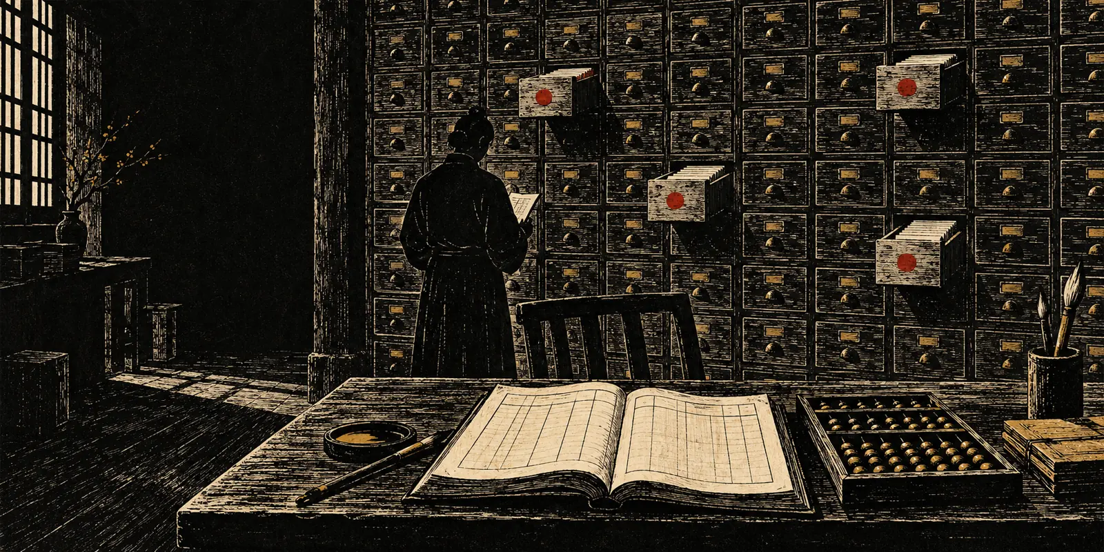 Woodcut of a wall of file drawers with four pulled open and marked red, a ledger and abacus on the desk
