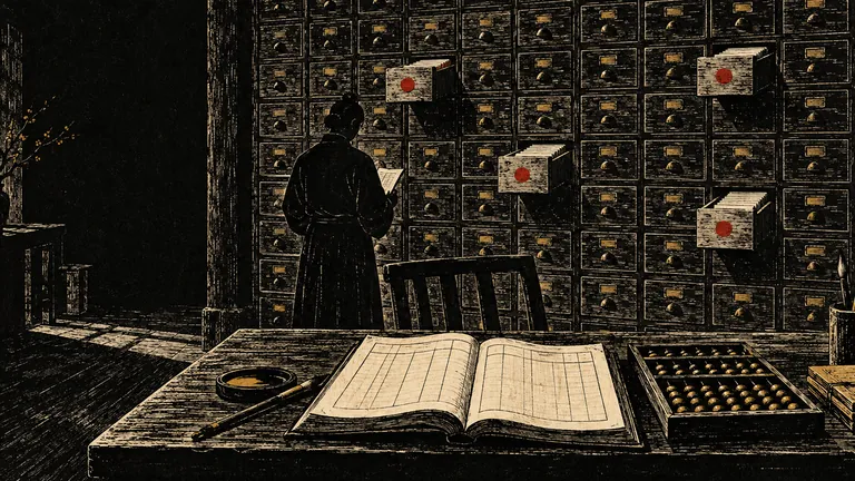 Woodcut of a wall of file drawers with four pulled open and marked red, a ledger and abacus on the desk
