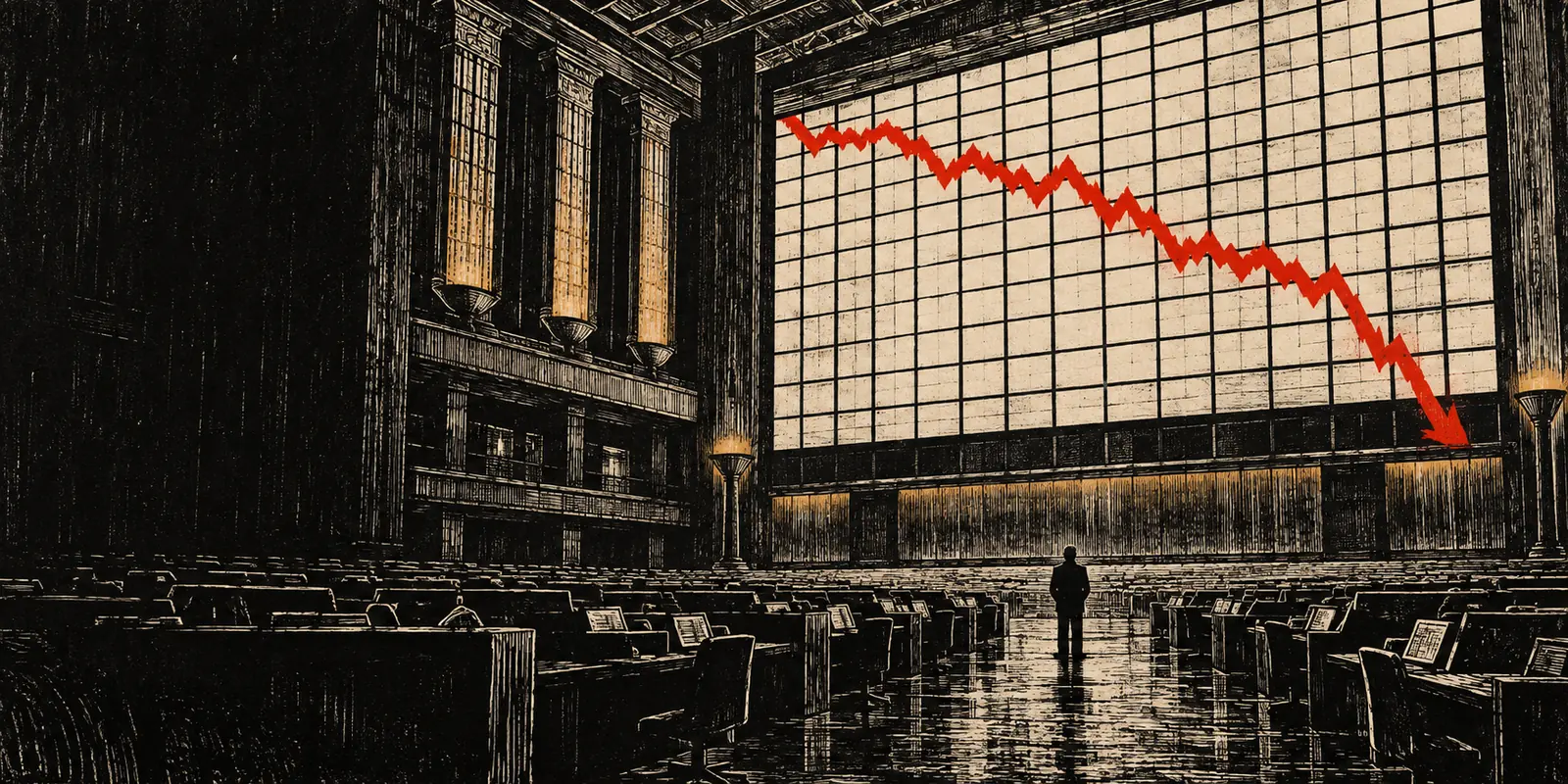 Woodcut of a lone figure in a trading hall under a board with a plunging red line