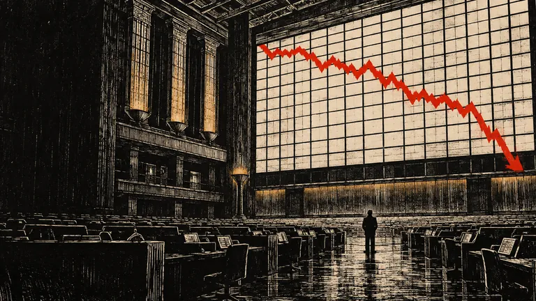 Woodcut of a lone figure in a trading hall under a board with a plunging red line