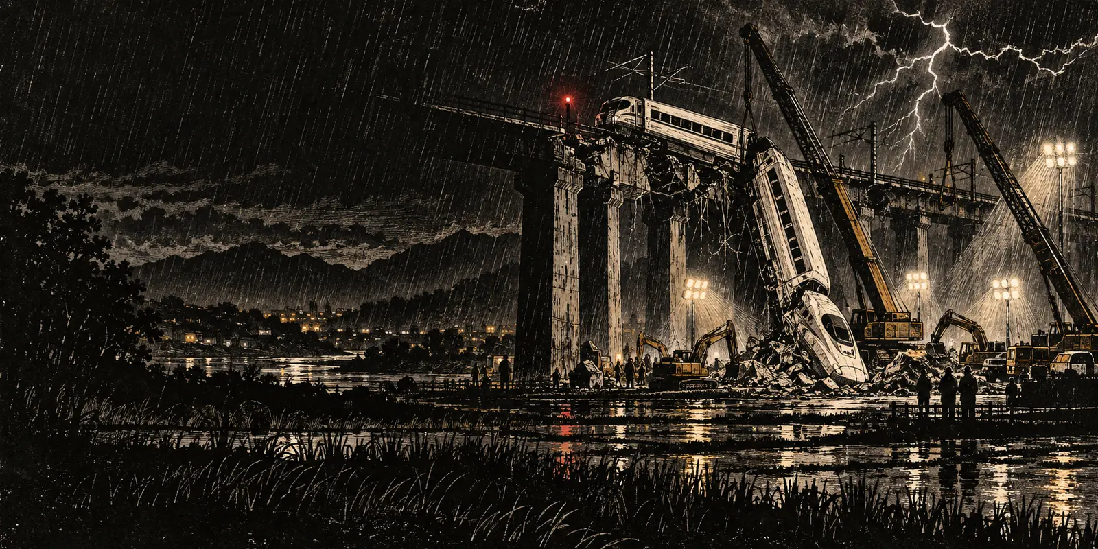 Woodcut of train carriages hanging from a railway viaduct at night under floodlights and lightning