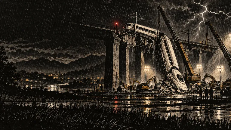 Woodcut of train carriages hanging from a railway viaduct at night under floodlights and lightning