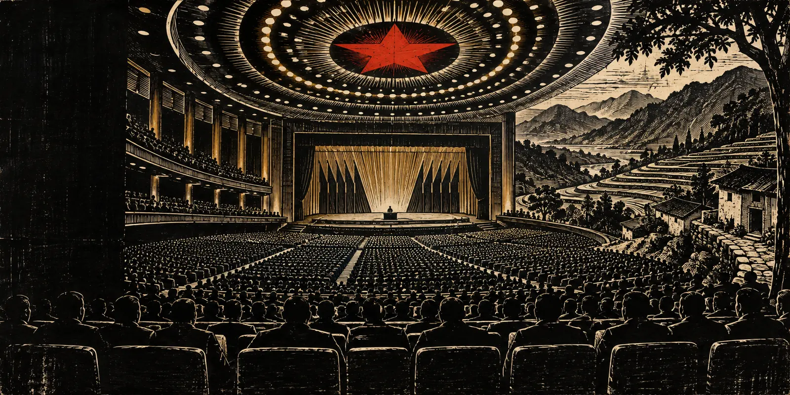 Woodcut of a vast auditorium under a red star lamp, opening onto terraced hills and a village house