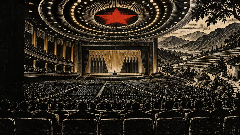 Woodcut of a vast auditorium under a red star lamp, opening onto terraced hills and a village house