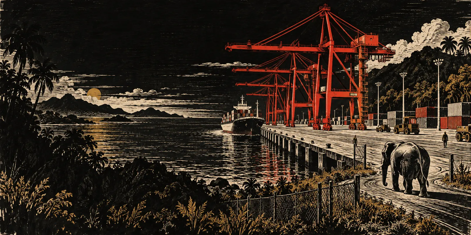 Woodcut of a nearly empty container port with idle red cranes and an elephant on the road