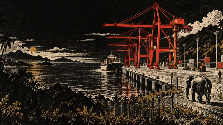 Woodcut of a nearly empty container port with idle red cranes and an elephant on the road