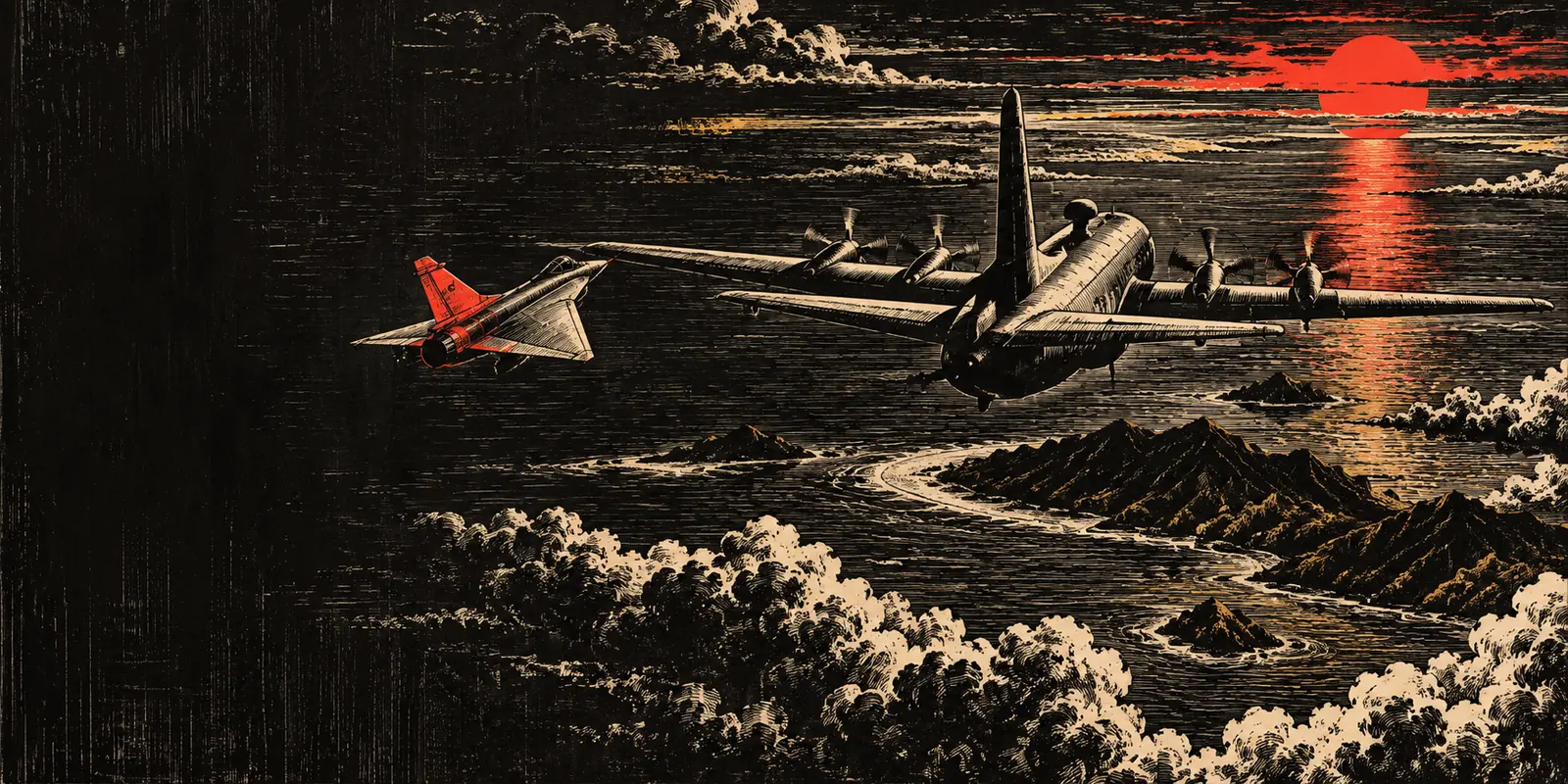 Woodcut of a fighter jet flying close beside a four-engine surveillance plane over the sea