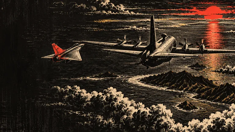 Woodcut of a fighter jet flying close beside a four-engine surveillance plane over the sea