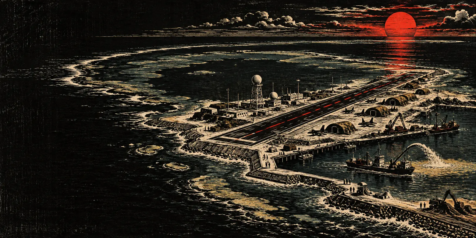 Woodcut of an artificial island with a runway, radar domes and dredgers, seen from the air