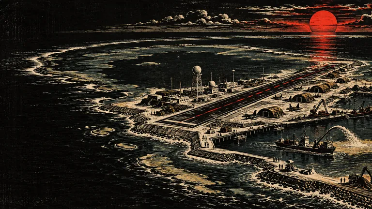 Woodcut of an artificial island with a runway, radar domes and dredgers, seen from the air
