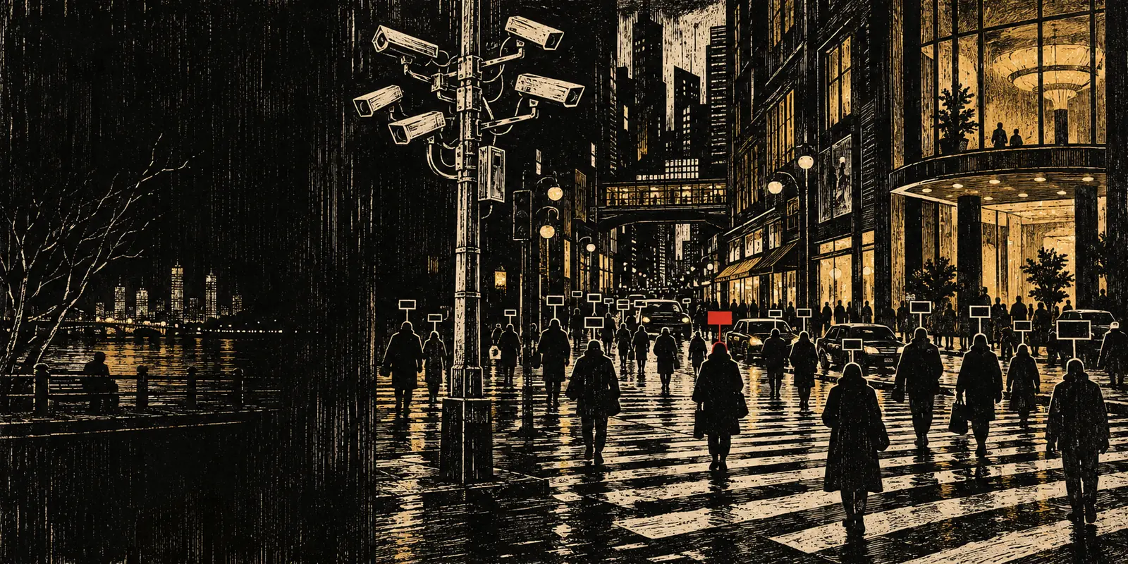 Woodcut of pedestrians under surveillance cameras, each with a blank tag floating overhead, one of them red