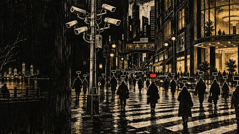 Woodcut of pedestrians under surveillance cameras, each with a blank tag floating overhead, one of them red