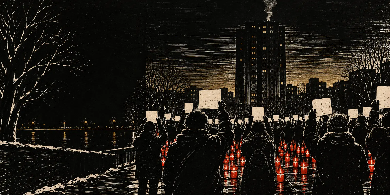 Woodcut of a crowd holding up blank sheets of paper at night, candles on the street, a tower block behind