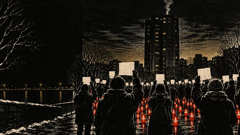 Woodcut of a crowd holding up blank sheets of paper at night, candles on the street, a tower block behind