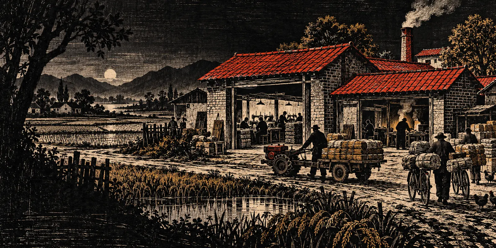 Woodcut of small brick workshops among rice paddies, with sewing machines, carts and loaded bicycles