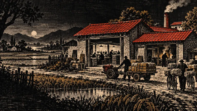 Woodcut of small brick workshops among rice paddies, with sewing machines, carts and loaded bicycles