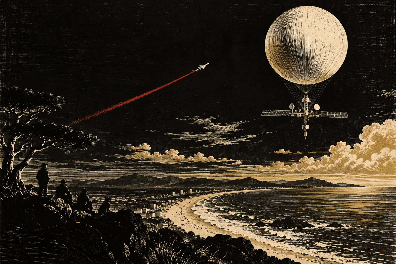 Woodcut of a large white balloon high above a coastline with a jet climbing toward it