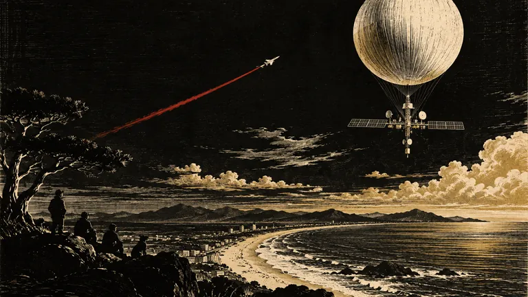 Woodcut of a large white balloon high above a coastline with a jet climbing toward it