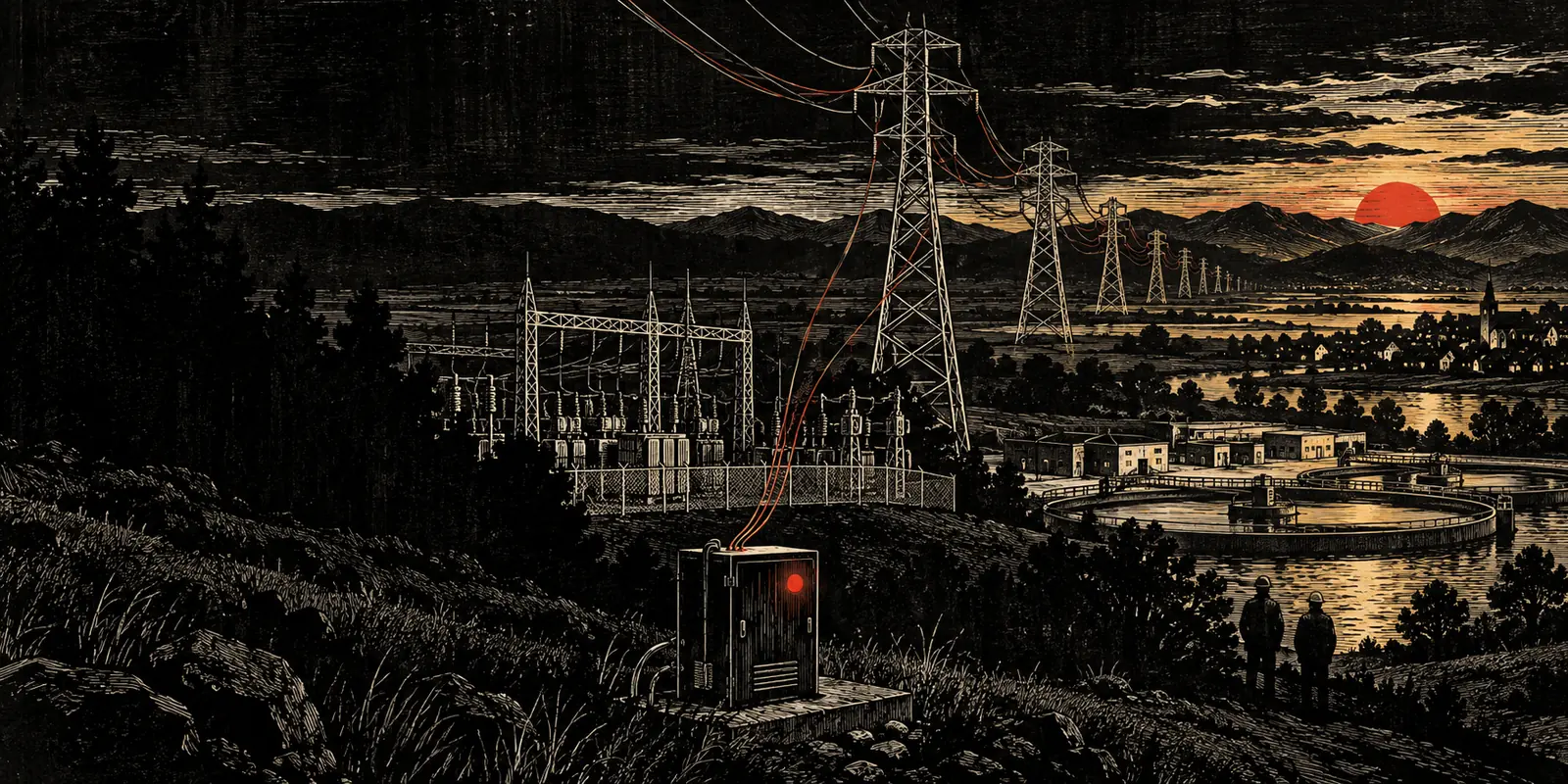 Woodcut of a substation and pylons at dusk with one red light on an equipment cabinet