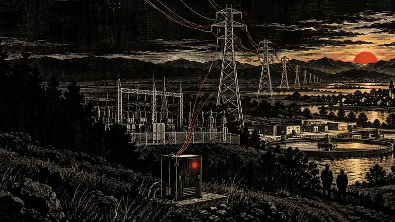 Woodcut of a substation and pylons at dusk with one red light on an equipment cabinet