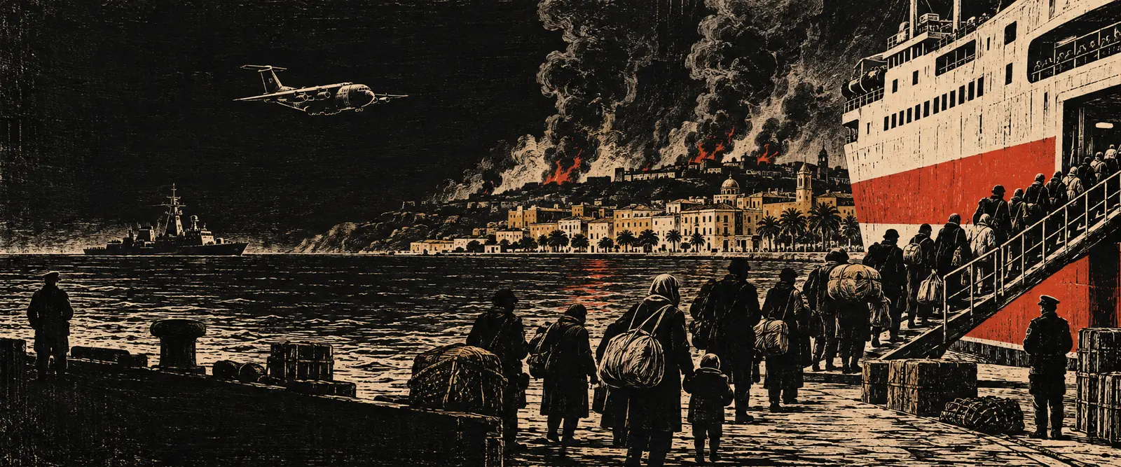 Woodcut of workers boarding a ferry at a port, with a warship offshore and smoke over the city