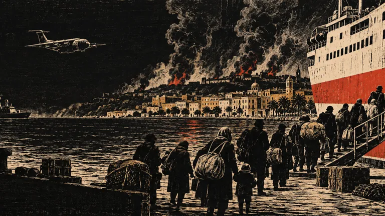 Woodcut of workers boarding a ferry at a port, with a warship offshore and smoke over the city