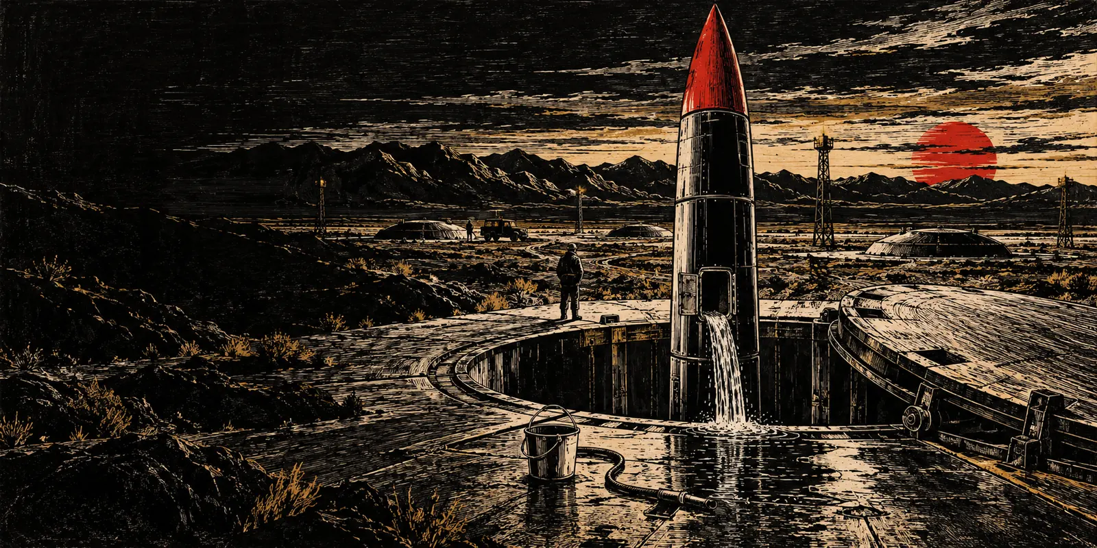 Woodcut of a missile in an open desert silo with water pouring from its side