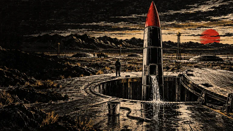 Woodcut of a missile in an open desert silo with water pouring from its side