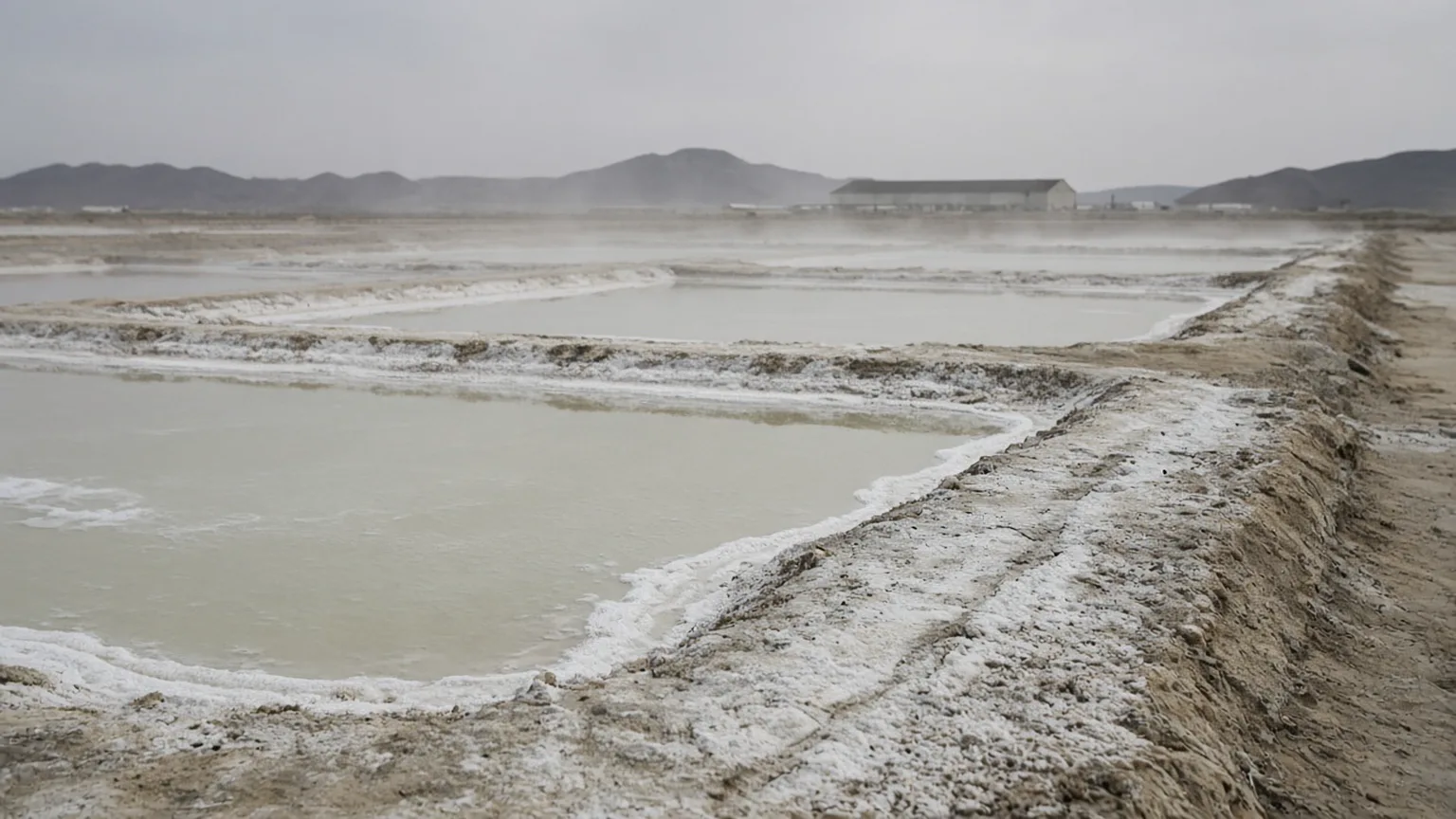 Shallow evaporation ponds on a dry lake bed, salt crust along the dikes, pale brine under flat daylight