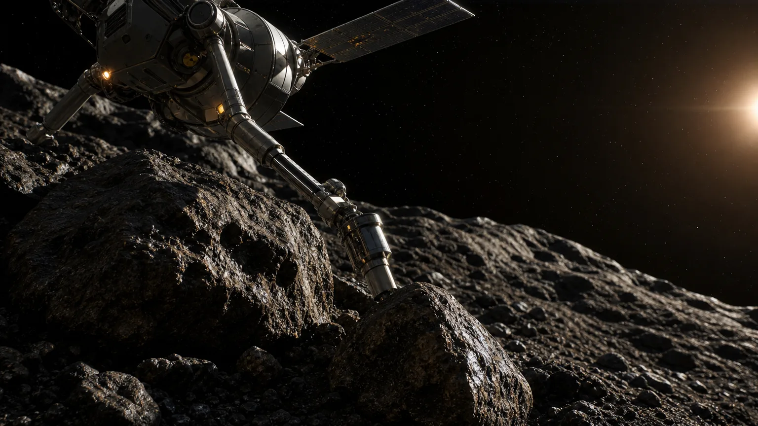 Robotic spacecraft taking assay measurements on a rough asteroid surface