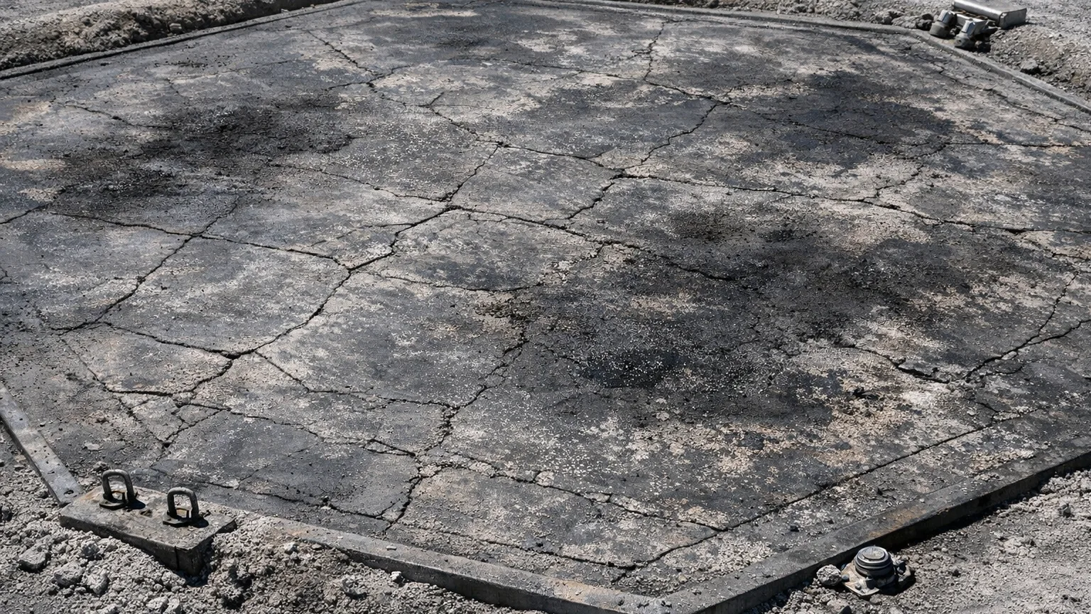 Repaired lunar landing pad with fused patches, scorch marks, cracks, and containment berms