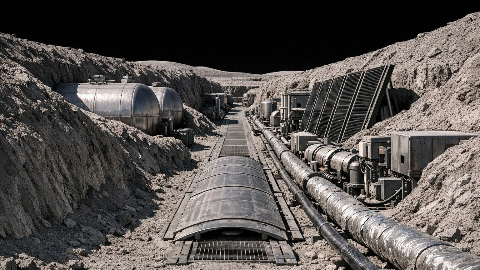 Shielded lunar utility corridor with berm-backed tanks, radiator panels, covered cable runs, and service lanes